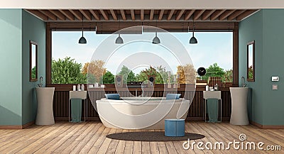 Green luxury bathroom with round bathtub Stock Photo