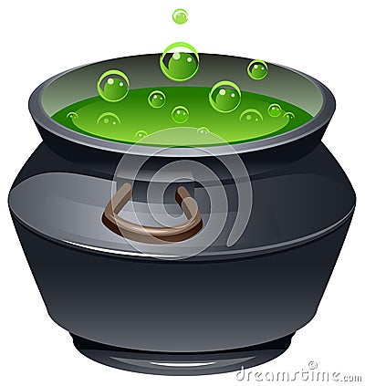 Green magic potion in cauldron. Boiling pot. Halloween accessory object Vector Illustration