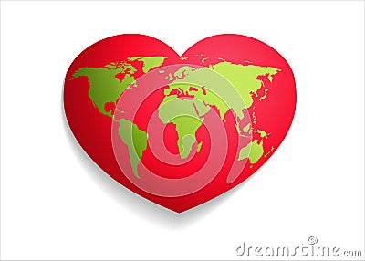 Green Map world over red heart Vector Illustration