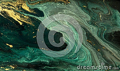 Green marble abstract acrylic background. Marbling artwork texture. Agate ripple pattern. Gold powder. Stock Photo