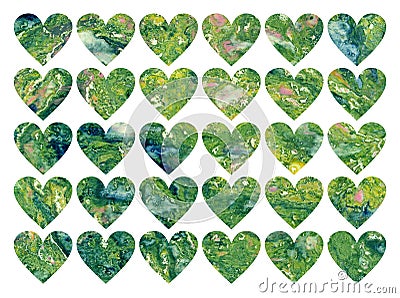 Green marble hearts. Artistic heart-shaped paint spots isolated on white background. Element for Valentine's Day design Stock Photo