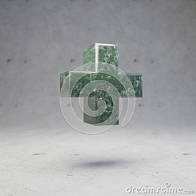 Green marble plus symbol on concrete background Stock Photo