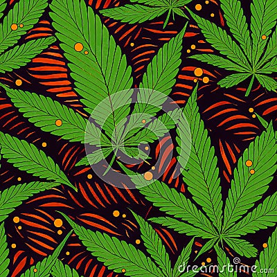 Green marijuana leaves and orange bubbles on stripy orange background, seamless pattern. AI generative illustration, pattern Cartoon Illustration