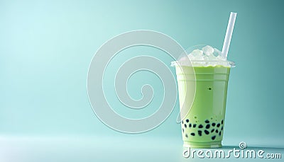 Green matcha bubble tea with ice cubes in cup on blue background. Antioxidant and dietary vegan cocktail for healthy breakfast Stock Photo