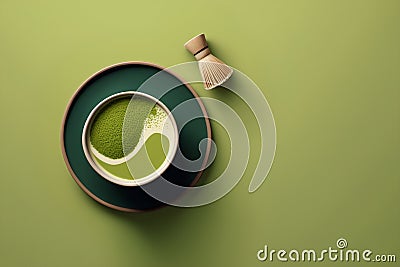 Green matcha tea in a bowl on green background. 3d rendering Stock Photo