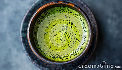 Green matcha tea in ceramic mug. AI generated. Stock Photo
