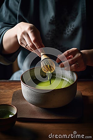 Green matcha tea, culture of Japan and China. Hands make matcha, stir tea in a large bowl with a whisk for matcha. Generative AI Stock Photo