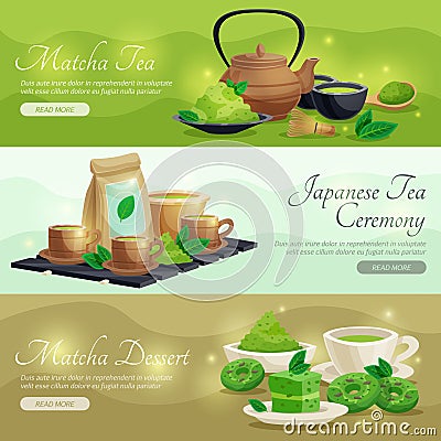 Green Matcha Tea Horizontal Banners Vector Illustration