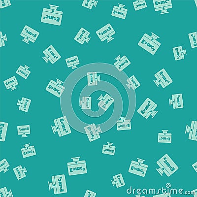 Green Math system of equation solution on computer monitor icon isolated seamless pattern on green background. E equals Vector Illustration