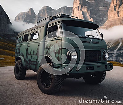green matte 4x4 lifter vintage van conversion , nomadic lifestyle , offroad wheels, 3d render Stock Photo
