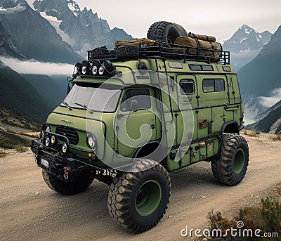 green matte 4x4 lifter vintage van conversion , nomadic lifestyle , offroad wheels, 3d render Stock Photo