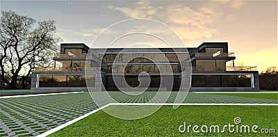 Green meadow on the territory of a country estate. Pedestrian path lawn paving. Night illumination of the curb and facade of the Stock Photo