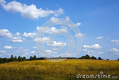 Green meadow under blue sky with clouds of white Stock Photo