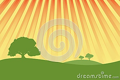 Green meadows with sunshine ra Vector Illustration