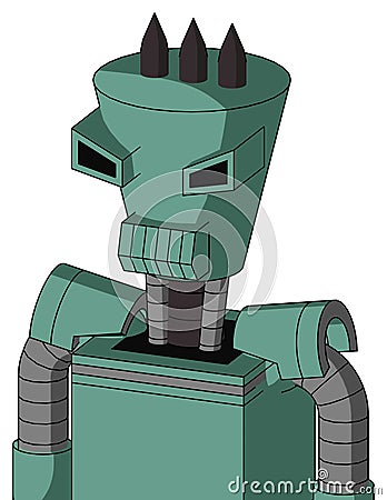 Green Mech With Cylinder-Conic Head And Toothy Mouth And Angry Eyes And Three Dark Spikes Stock Photo