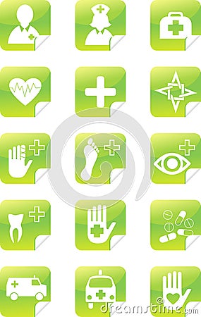 Green medical set stickers Cartoon Illustration