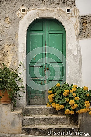 Green Mediterranean door, created with generative AI Stock Photo
