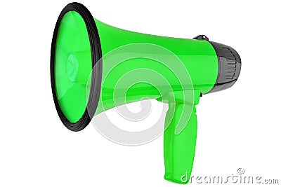 Green megaphone on white background isolated close up, hand loudspeaker design, loudhailer or speaking trumpet illustration Cartoon Illustration