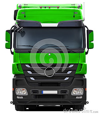 Green Mercedes Actros truck with black plastic bumper. Stock Photo