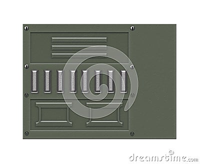 Green metal plate with bolts and perforated sections over white background. Stock Photo