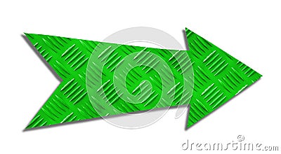 Green metallic iron direction arrow sign with steel checker plate or diamond plate industrial metal texture pattern cut out Stock Photo