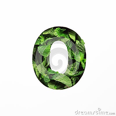 Green mint number zero made of natural leafs and paper cut null shape isolated on white. Typeface from leaves Stock Photo