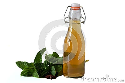 Green mint tea in bottle on table with mint sprigs isolated on white background. Stock Photo