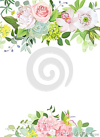 Green mix of hydrangea, succulents, echeveria, eucalyptus Vector Illustration