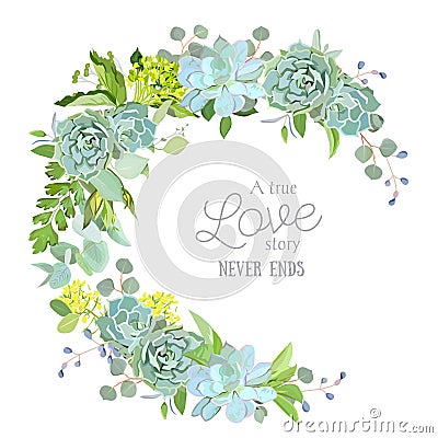 Green mix of hydrangea, succulents, eucalyptus, wildflowers, her Vector Illustration