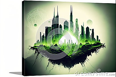 Green modern cityscape in abstract art with forest double exposure Stock Photo