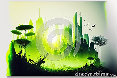 Green modern cityscape in abstract art with forest double exposure Stock Photo