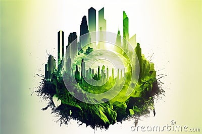 Green modern cityscape in abstract art with forest double exposure Stock Photo