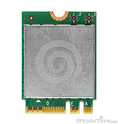 Green modern fast wifi bluetooth M2 PCIE module chip card for notebook laptop computer isolated white background. pc hardware Stock Photo