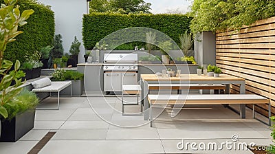 Green modern patio garden and backyard with BBQ, generative ai illustration Cartoon Illustration