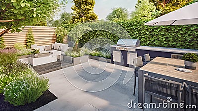 Green modern patio garden and backyard with BBQ, generative ai illustration Cartoon Illustration