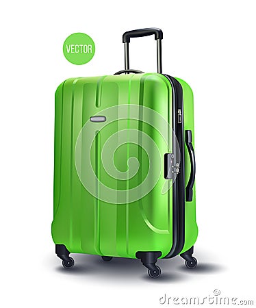 Green modern suitcase for travel, case icon isolated on white transparent background Vector Illustration