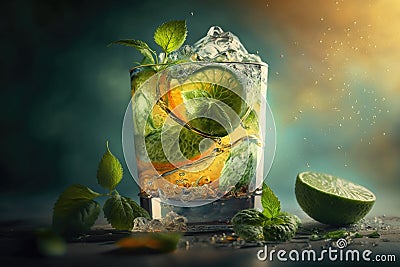 Green mojito cocktail. Illustration Generative AI Stock Photo
