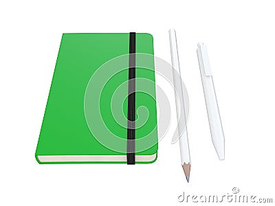 Green moleskine or notebook with pen and pencil and a black strap front or top view isolated on a white background 3d rendering Stock Photo