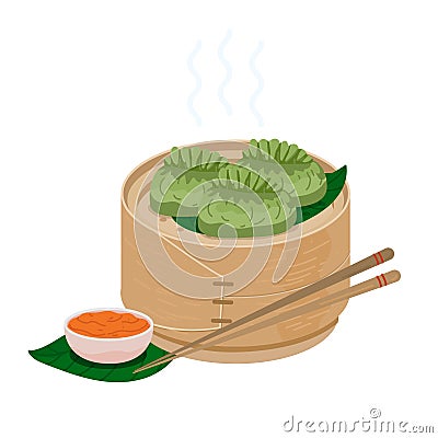 Green momo dumplings in wooden steamer basket Vector Illustration