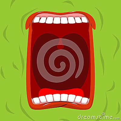 Green monster with his mouth open. Scary ghost shouts. Horrible Vector Illustration