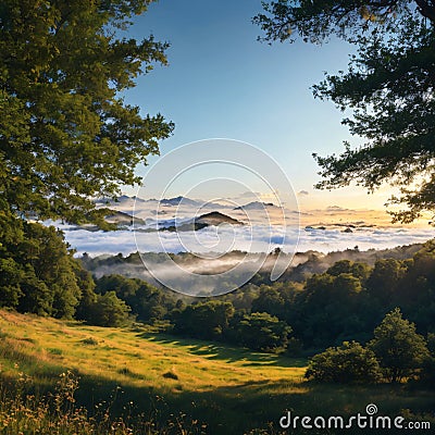 The green mountain landscape has beautiful weather with fog above the valley. Stock Photo
