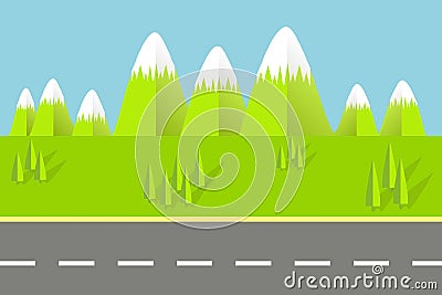 Green mountain, trees and grey highway, flat design Vector Illustration