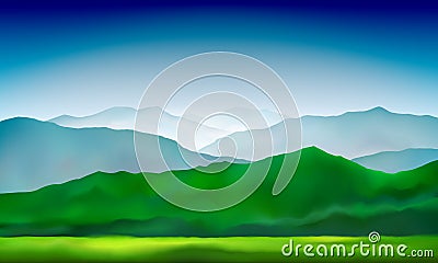 Green mountains hills and meadows landscape. Abstract nature background, mountain landscape. Vector colorful background Vector Illustration