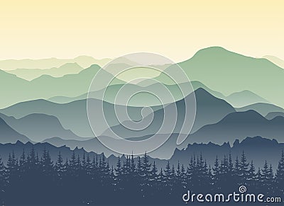 Green mountains landscape in summer. Seamless background.. Vector Illustration