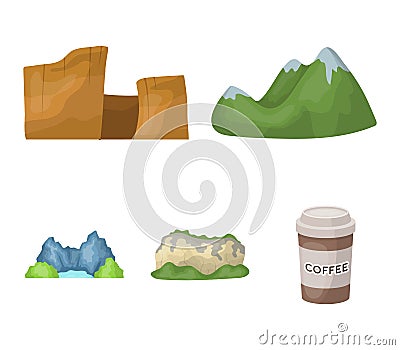 Green mountains with snow tops, a canyon, rocks with forests, a lagoon and rocks. Different mountains set collection Vector Illustration