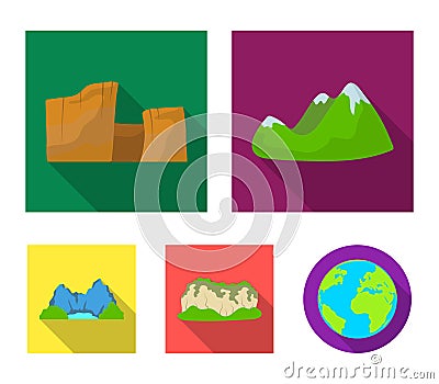 Green mountains with snow tops, a canyon, rocks with forests, a lagoon and rocks. Different mountains set collection Vector Illustration