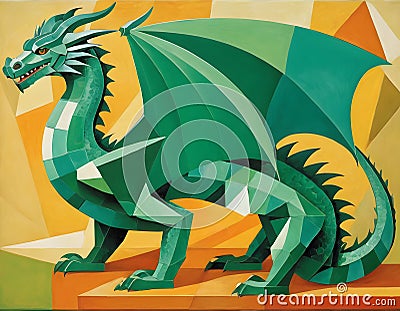 Green mystical dragon. Traditional symbol of Chinese festivities. ?ubism concept. AI illustration. Cartoon Illustration