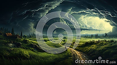Green Natural Field with Flowers Cloudy Raining Distant Lightning in The Sky and a Tornado is Raging Stormy Background Stock Photo