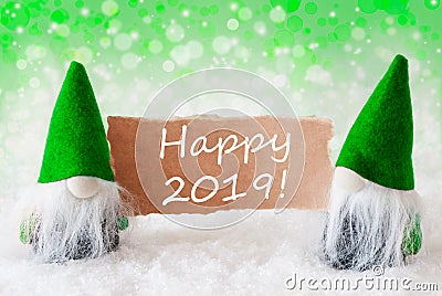 Green Natural Gnomes With Card, Text Happy 2019 Stock Photo