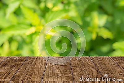 Green nature blur with wooden table background for natural products montage template Stock Photo